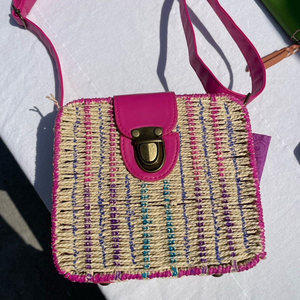 Pink and Natural Woven Crossbody Bag